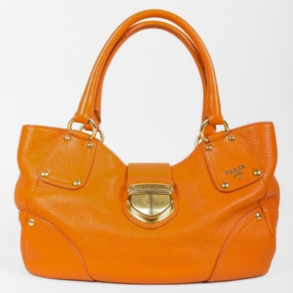 Prada Daino Push-Lock Orange Leather Tote